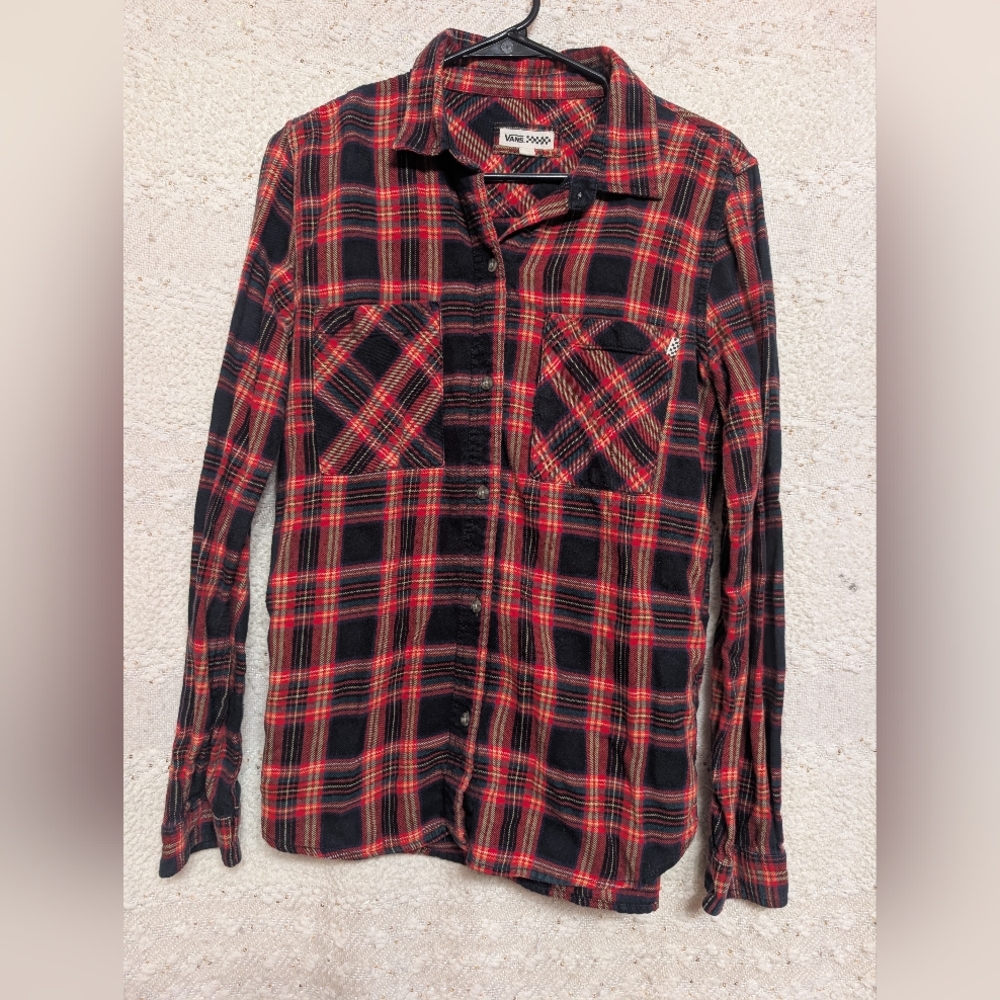Vans Women's Large Red and Black Plaid Button Down Flannel